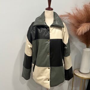 Patchwork Leather Jacket - Black, Cream, and Green
